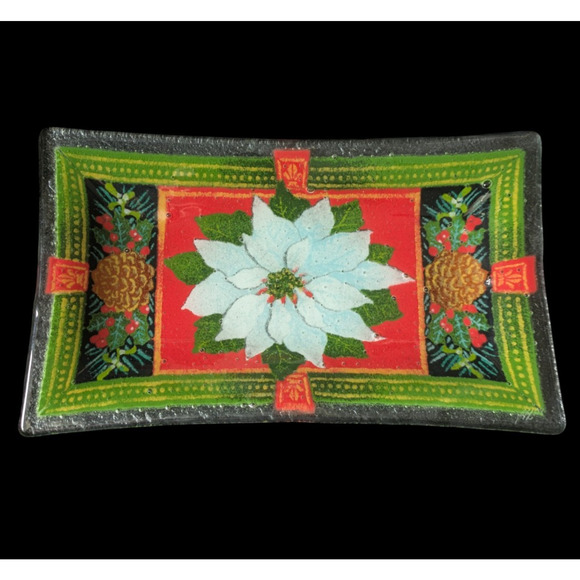 Peggy Karr White Poinsettia 2004 Rectangle 9.75" Tray Fused Art Glass Christmas - Picture 1 of 5